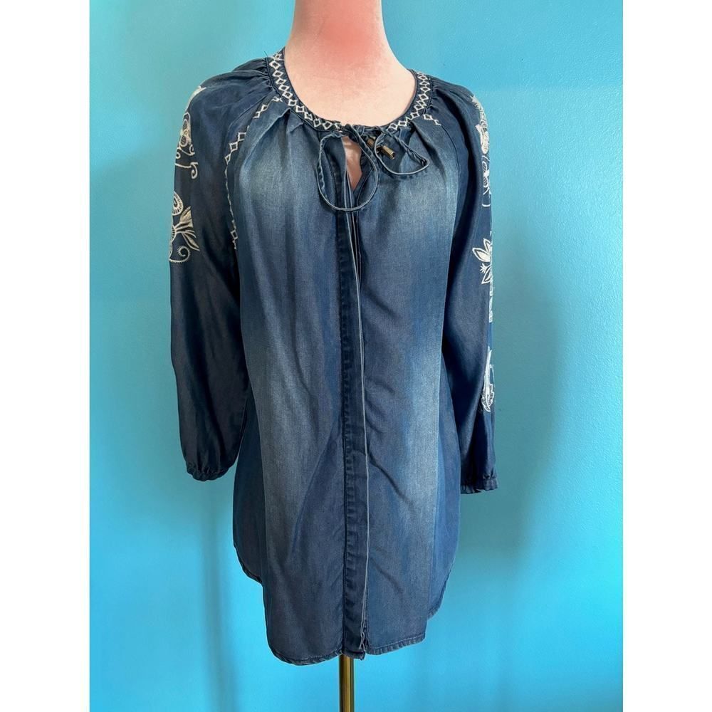 Wrangler Chambray Smock Top Shirt Embroidery Button Front 3/4 Raglan Sleeve S